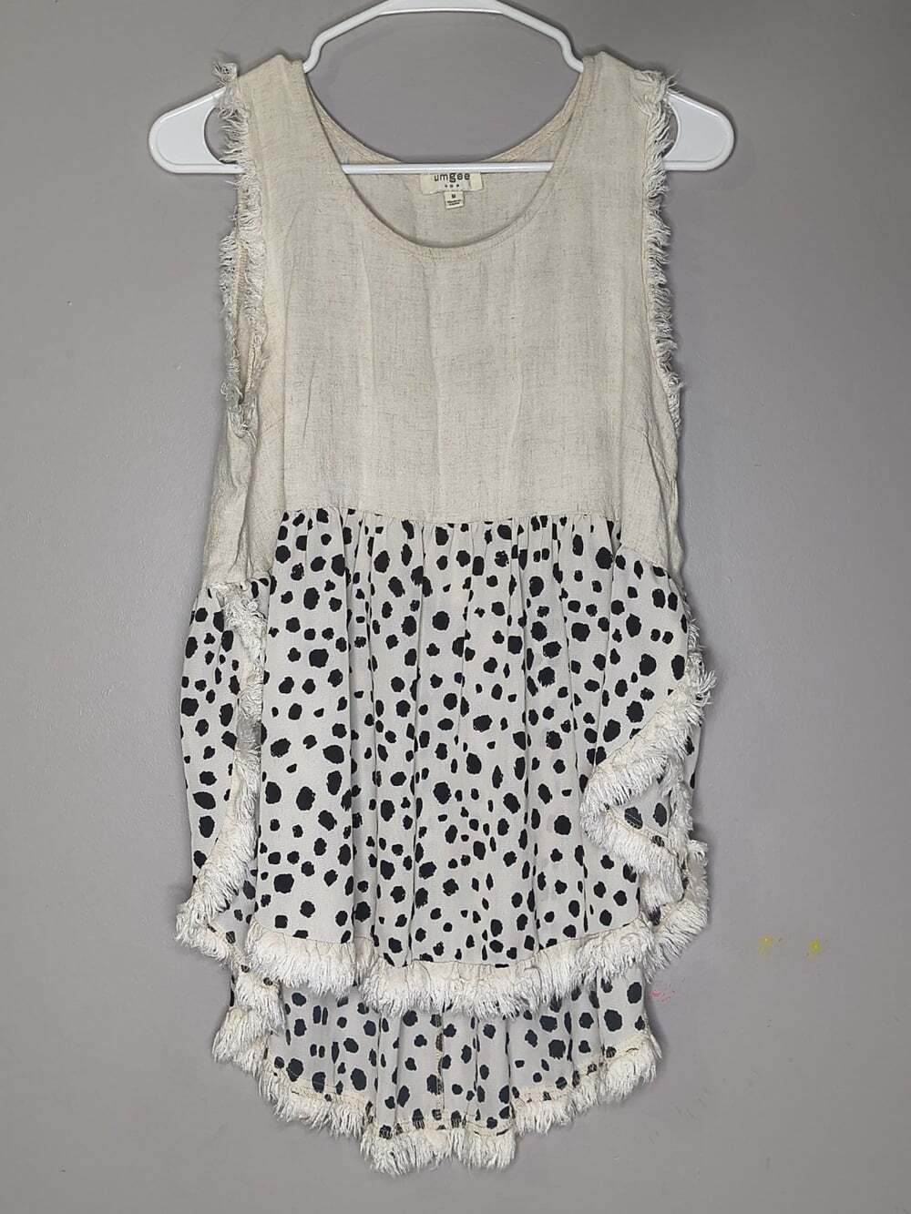 Umgee Babydoll Tank Cream Colored Linen Cotton Sleeveless Leopard Print Tank M